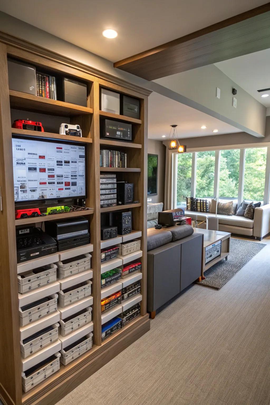 Creative storage approaches aid in keeping your gaming space orderly.