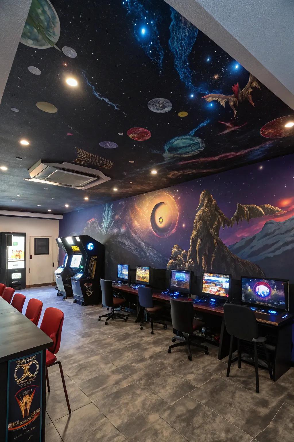 Ceiling designs personalize your gaming room with artistic style.