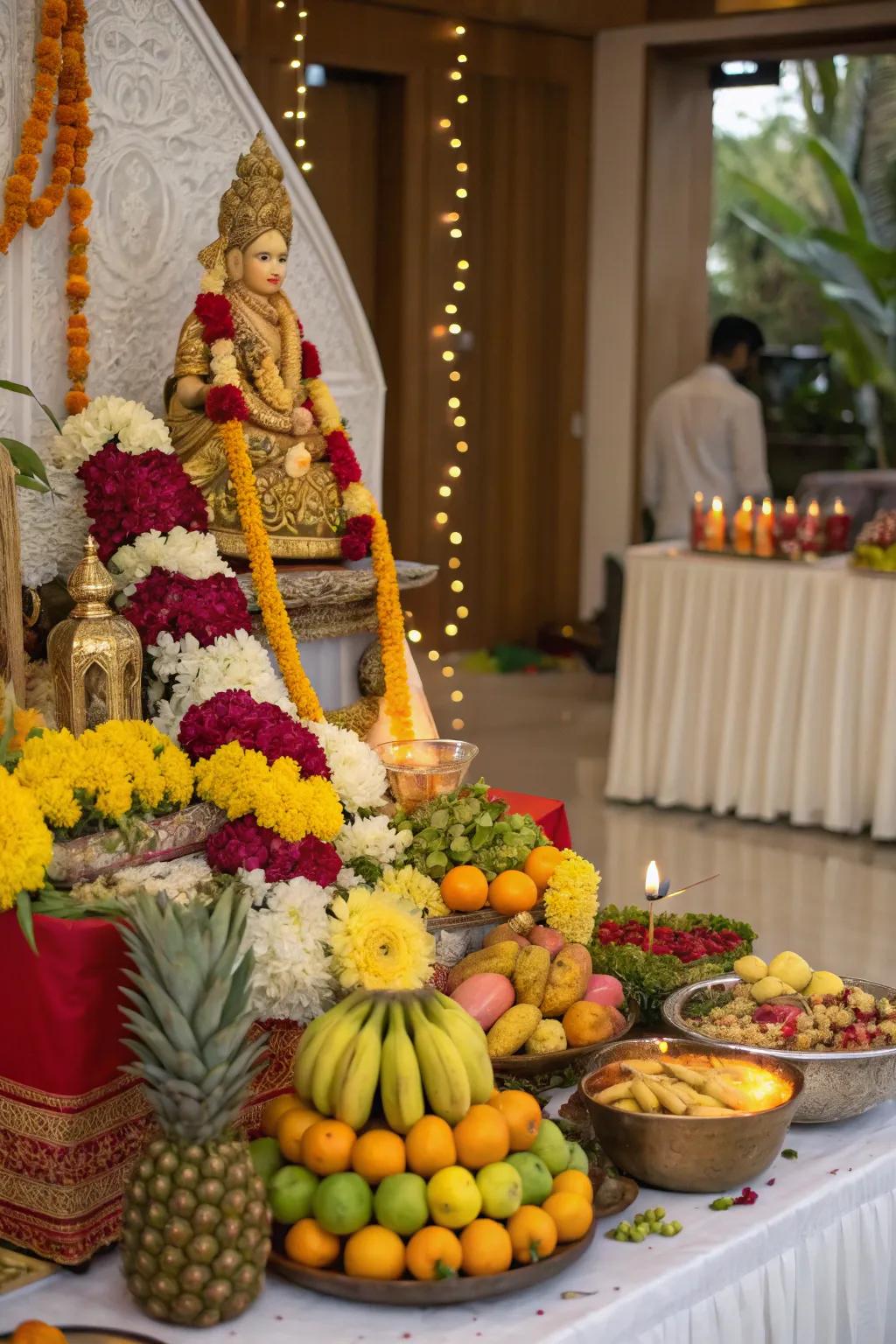 A feast for the eyes with vibrant fruits and blossoms gracing the Ganesh Chaturthi altar.