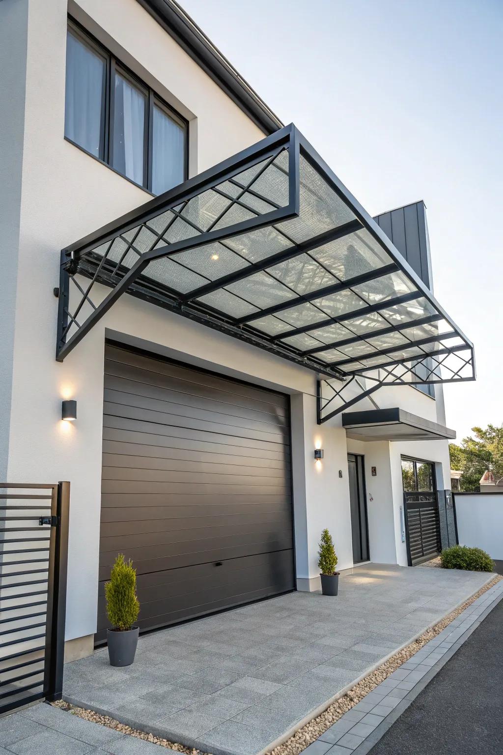 Sophisticated geometric metal shelter with modern flair.