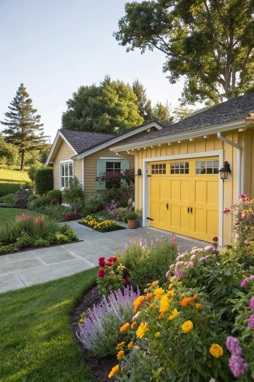 Radiant sunshine hue garage doors create a cheerful and welcoming entrance.