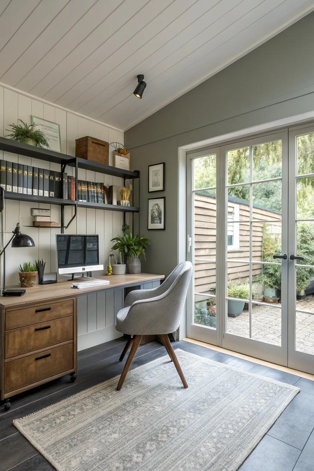 A peaceful home office cleverly set up in a garage setting.