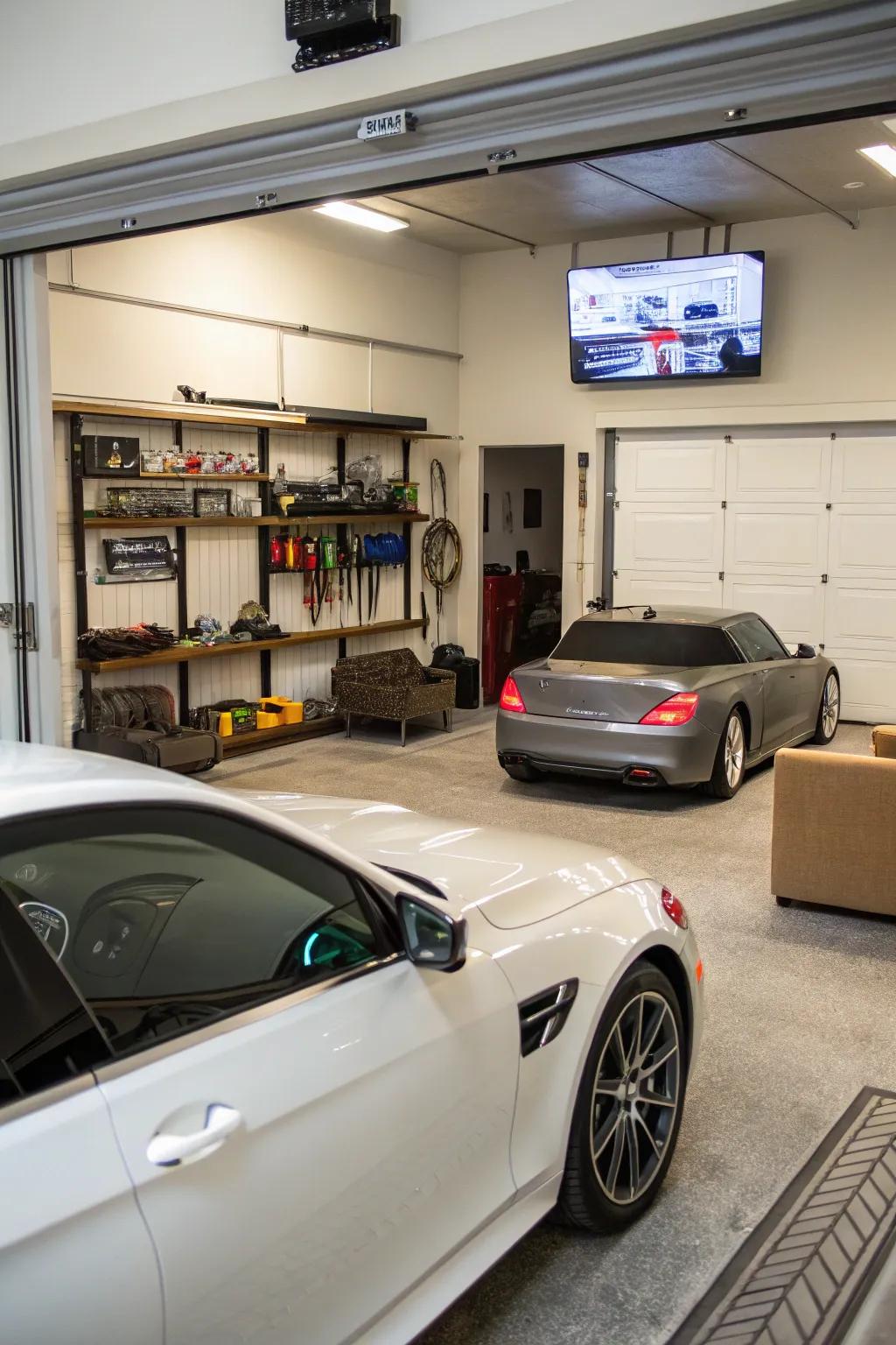 Combine car storage with entertainment by adding a TV to your garage setup.