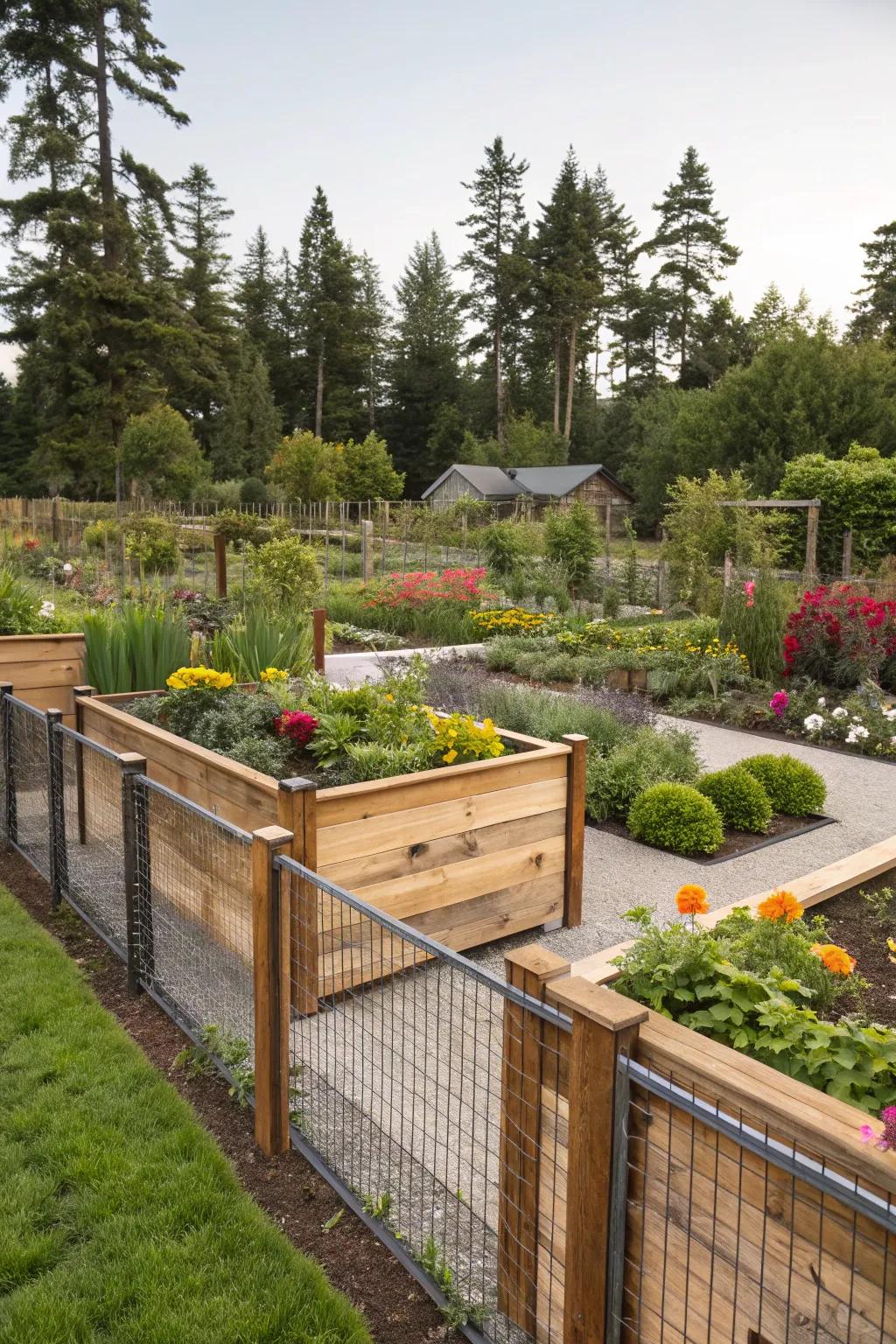Combining materials creates a visually appealing garden surround.