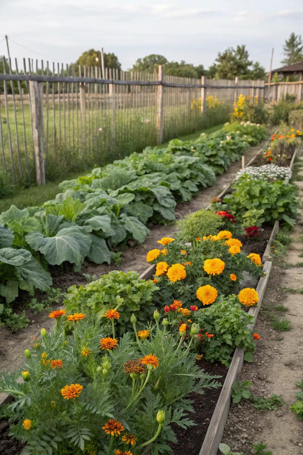 A garden plot where vegetables and marigolds are interspersed.