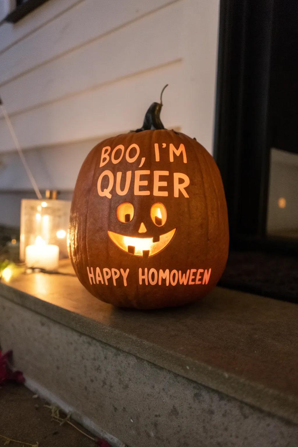 A pumpkin featuring clever inscriptions, conveying humor and pride to Halloween festivities.