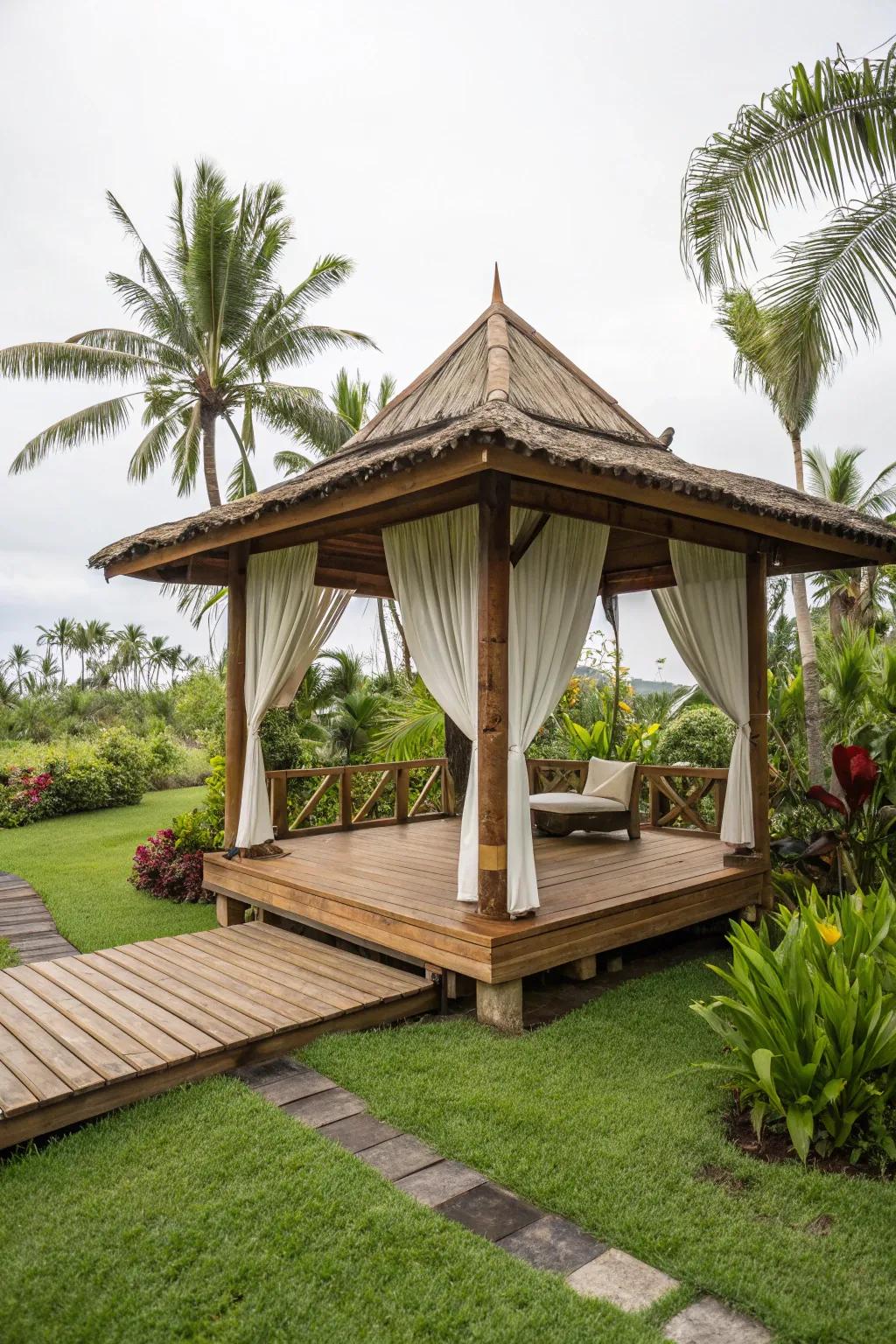 Cane flooring adds an exotic flair and eco-friendly charm to every gazebo.