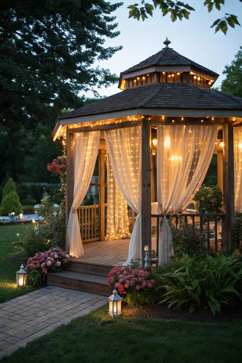 Drapery illumination fashioning a snug, lavish gazebo space.