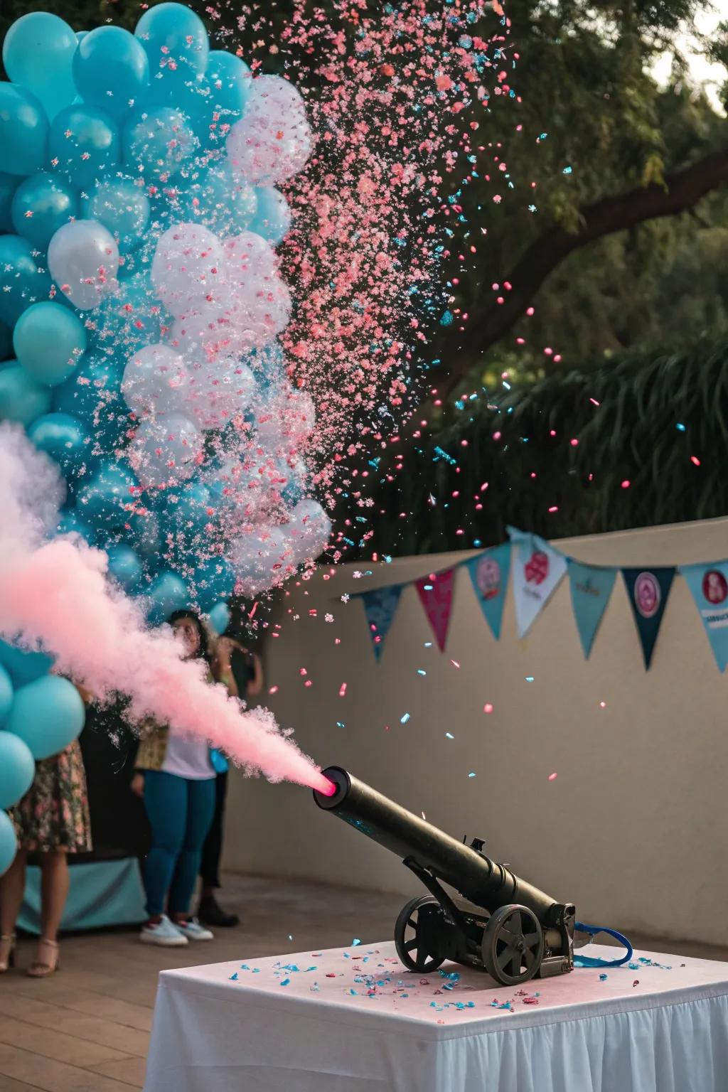 A confetti burst adds a touch of magic to the gender reveal spectacle.