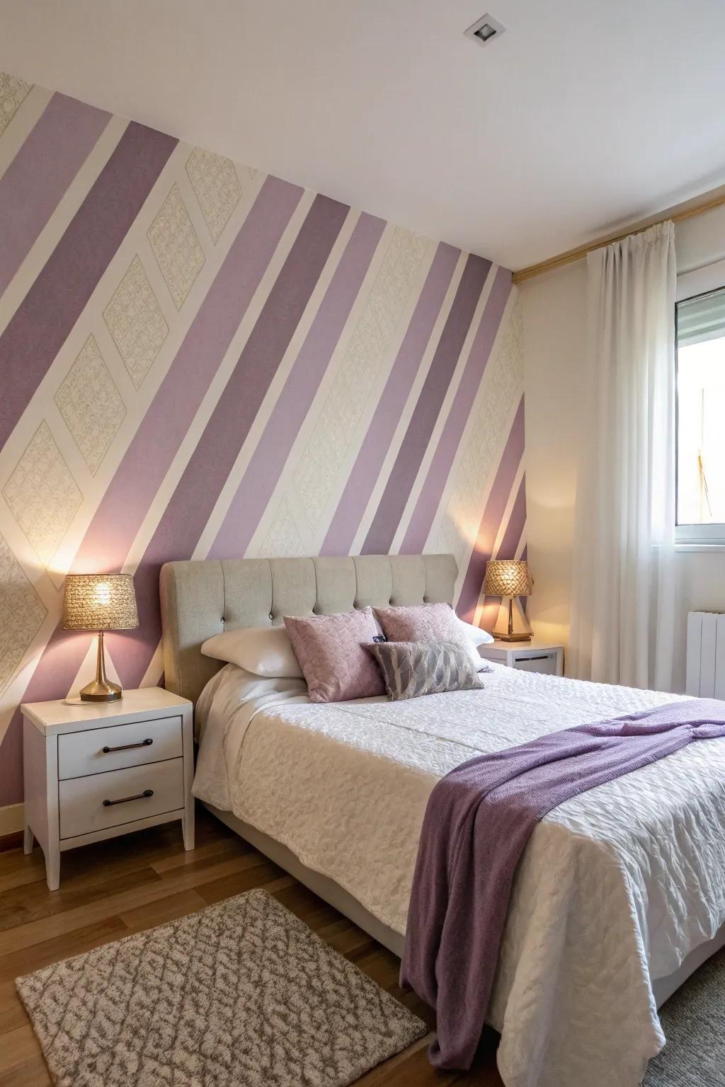 A bedroom featuring sophisticated diagonal stripe geometric wall designs.