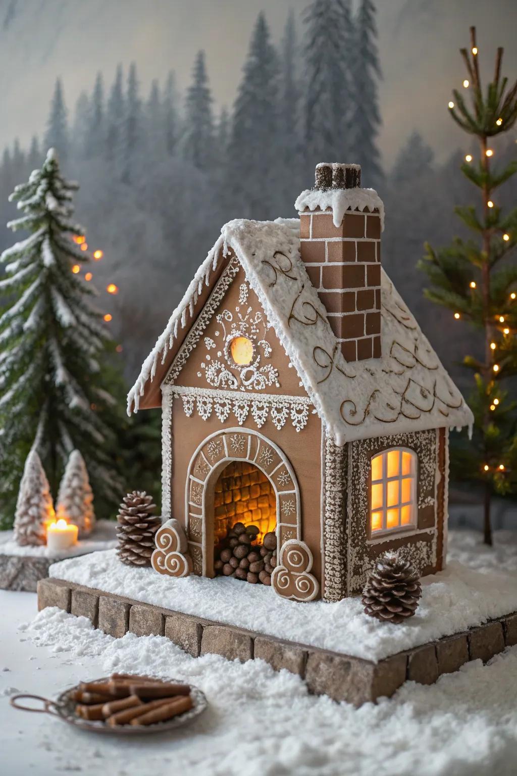 A comfortable chocolate brick hearth contributes warmth to the gingerbread cabin.