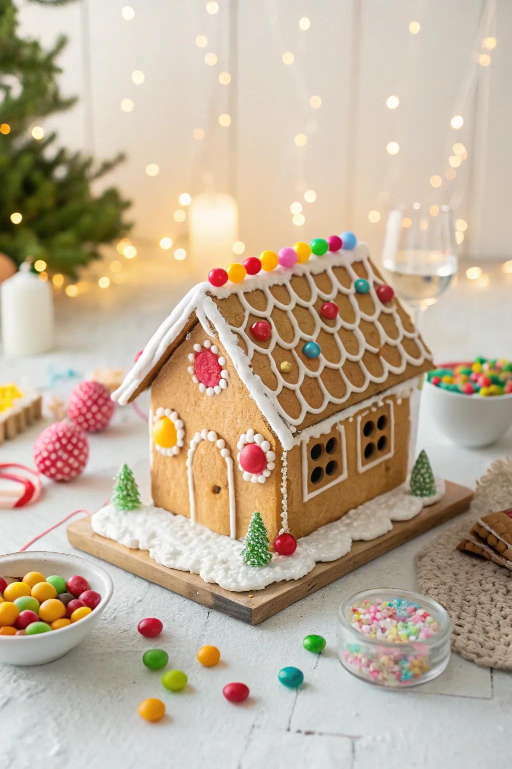 A gingerbread rooftop adorned with spectrum sweet slabs.