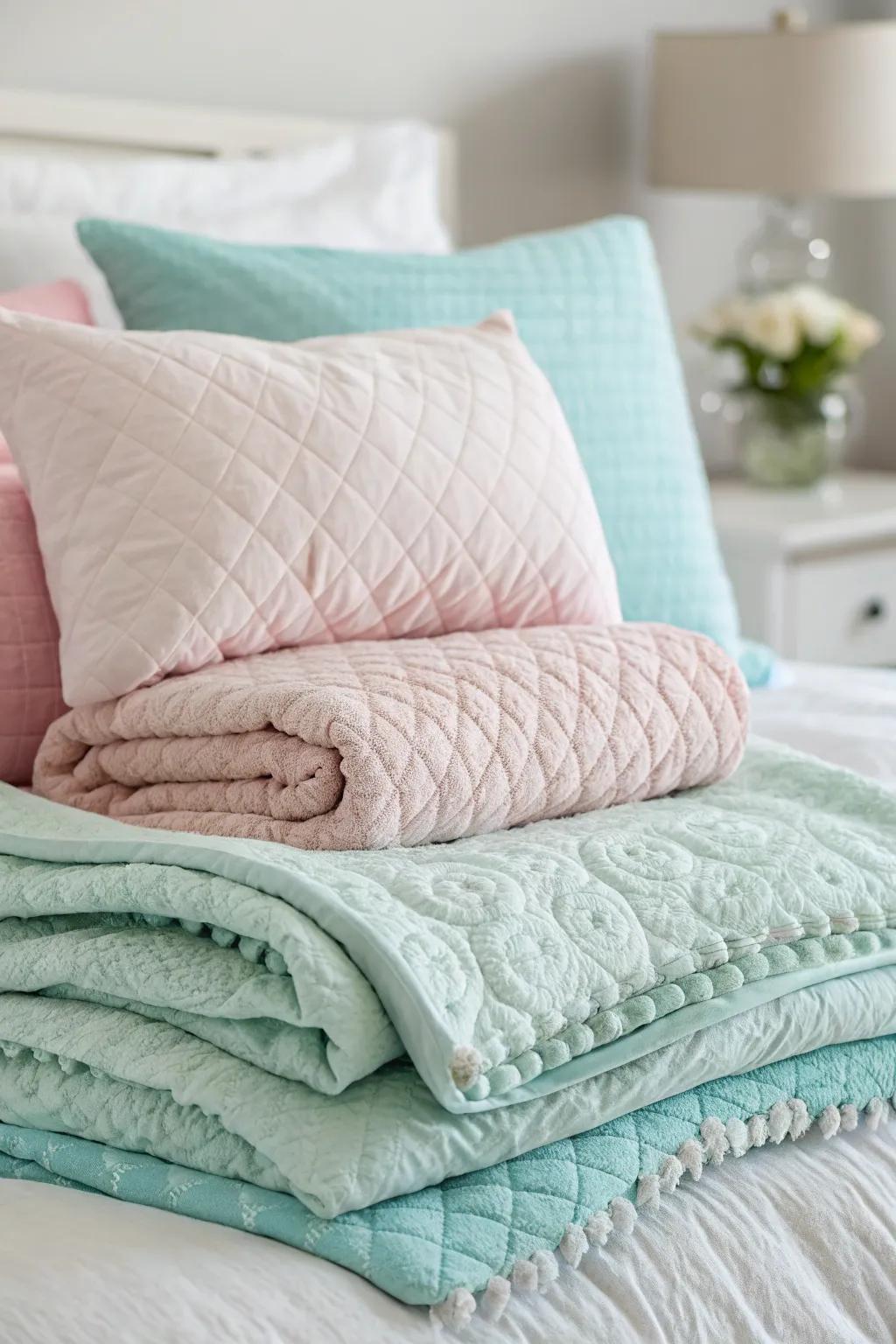 Layered textures compose a snug and welcoming bed.