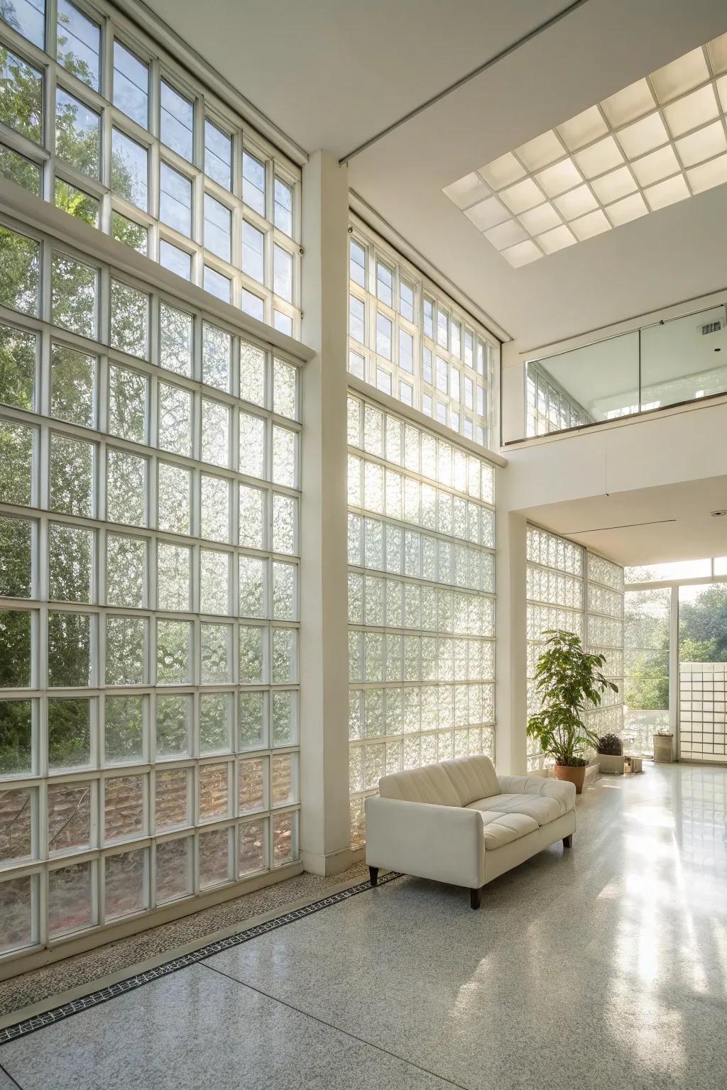 A bright inside space that has glass block walls, making the most of the natural light.