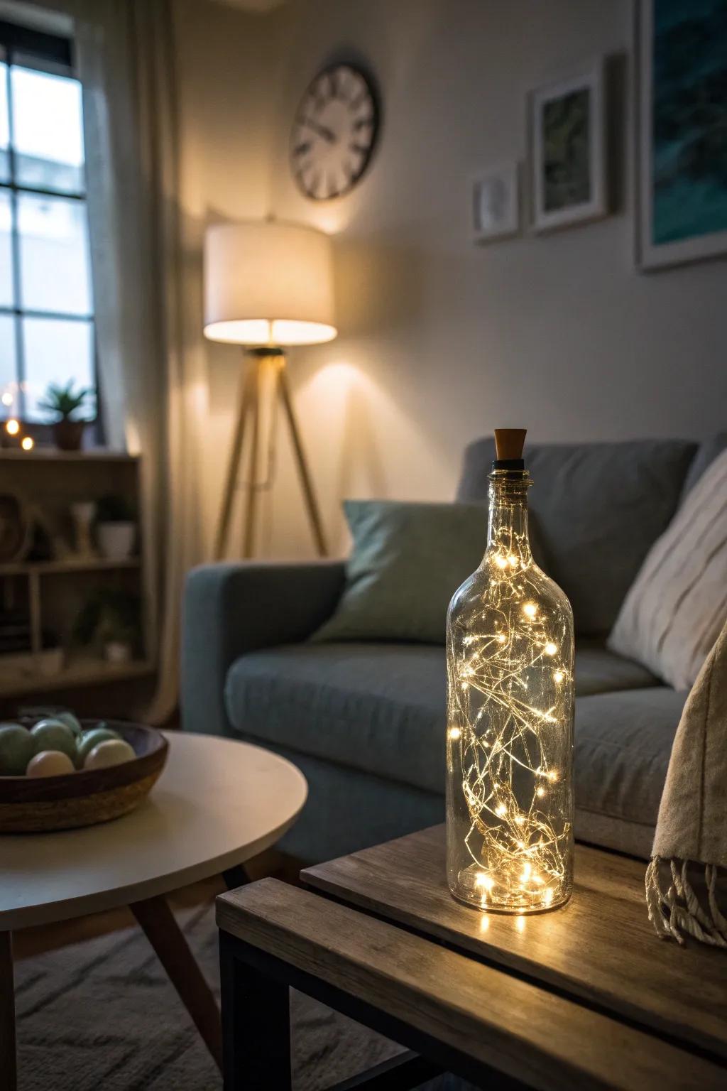 A glowing bottle lamp adding warmth to the room.