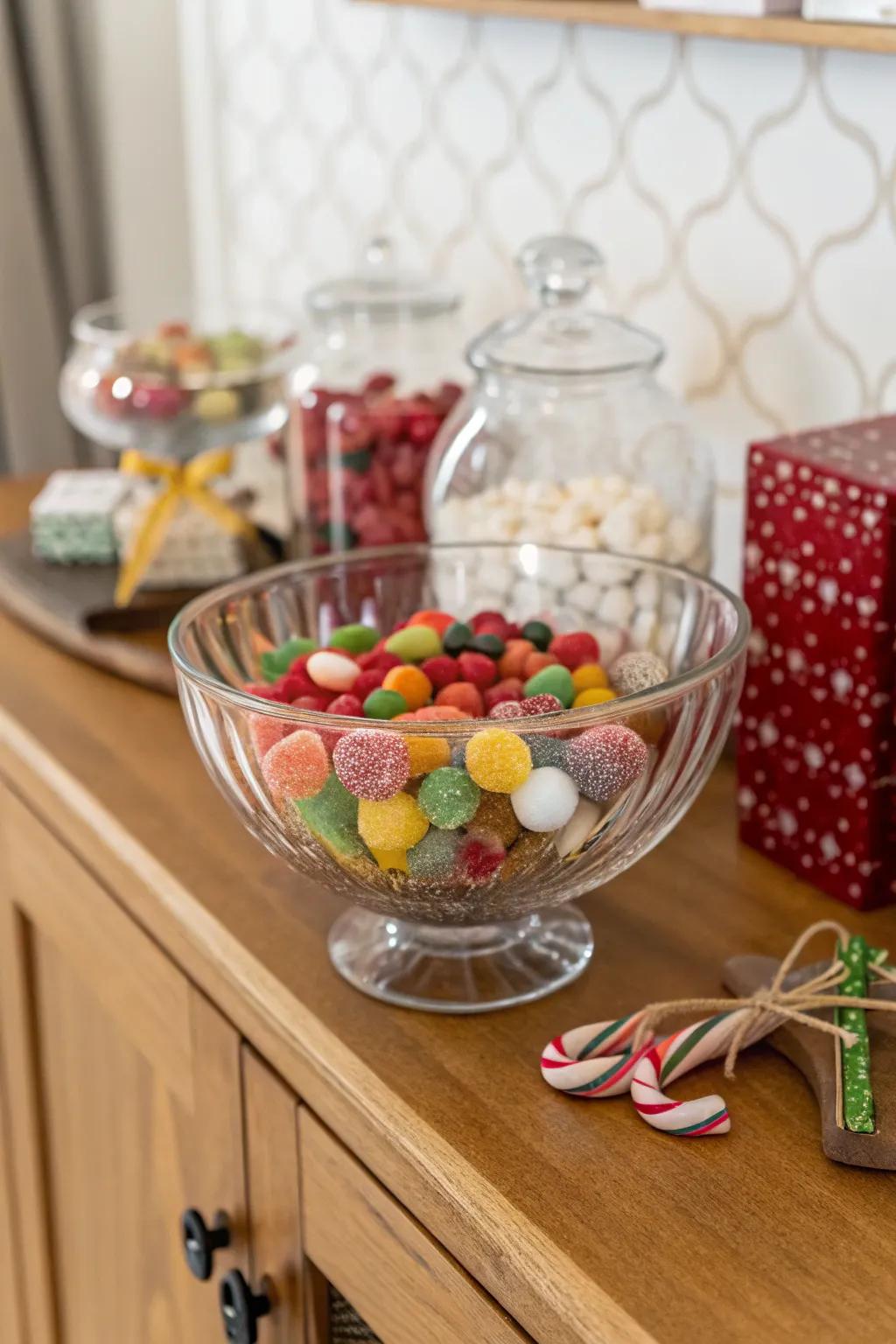 A sweet and stylish glass bowl filled with candies and fancy accents.