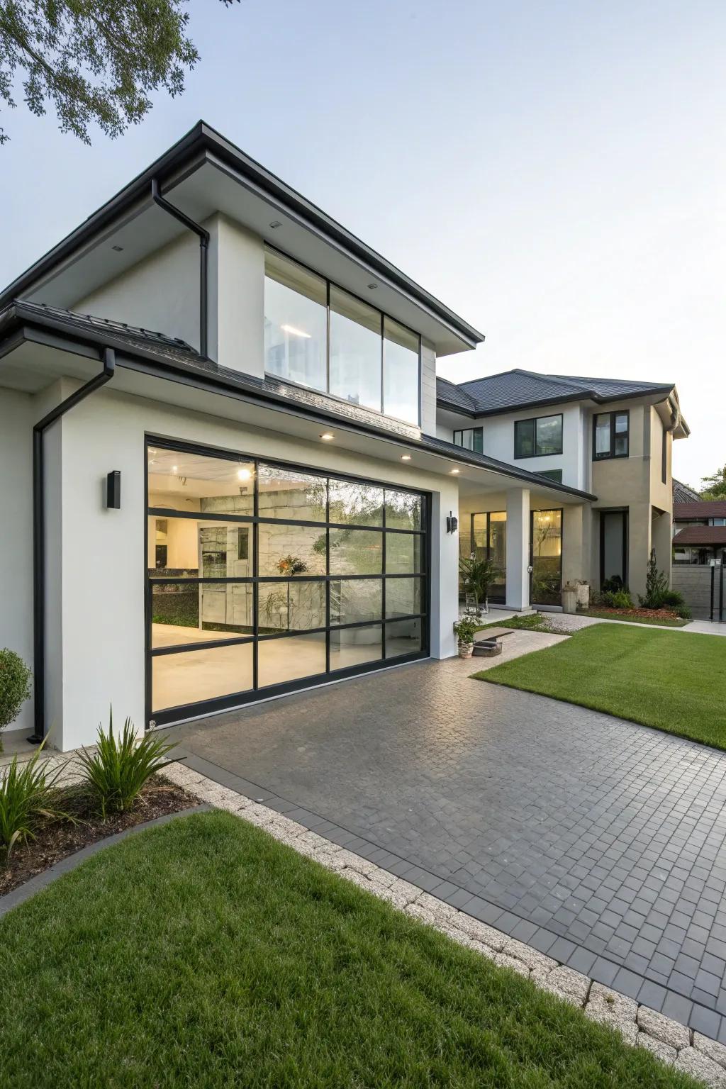 A home where the architecture shines through thanks to a glass garage door.