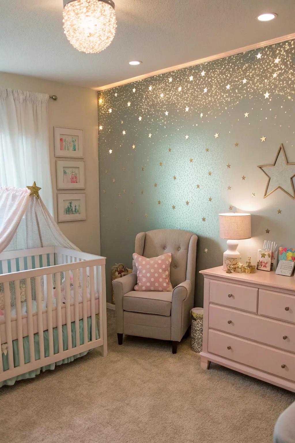 A shimmer accent wall introduces enchantment to a nursery.