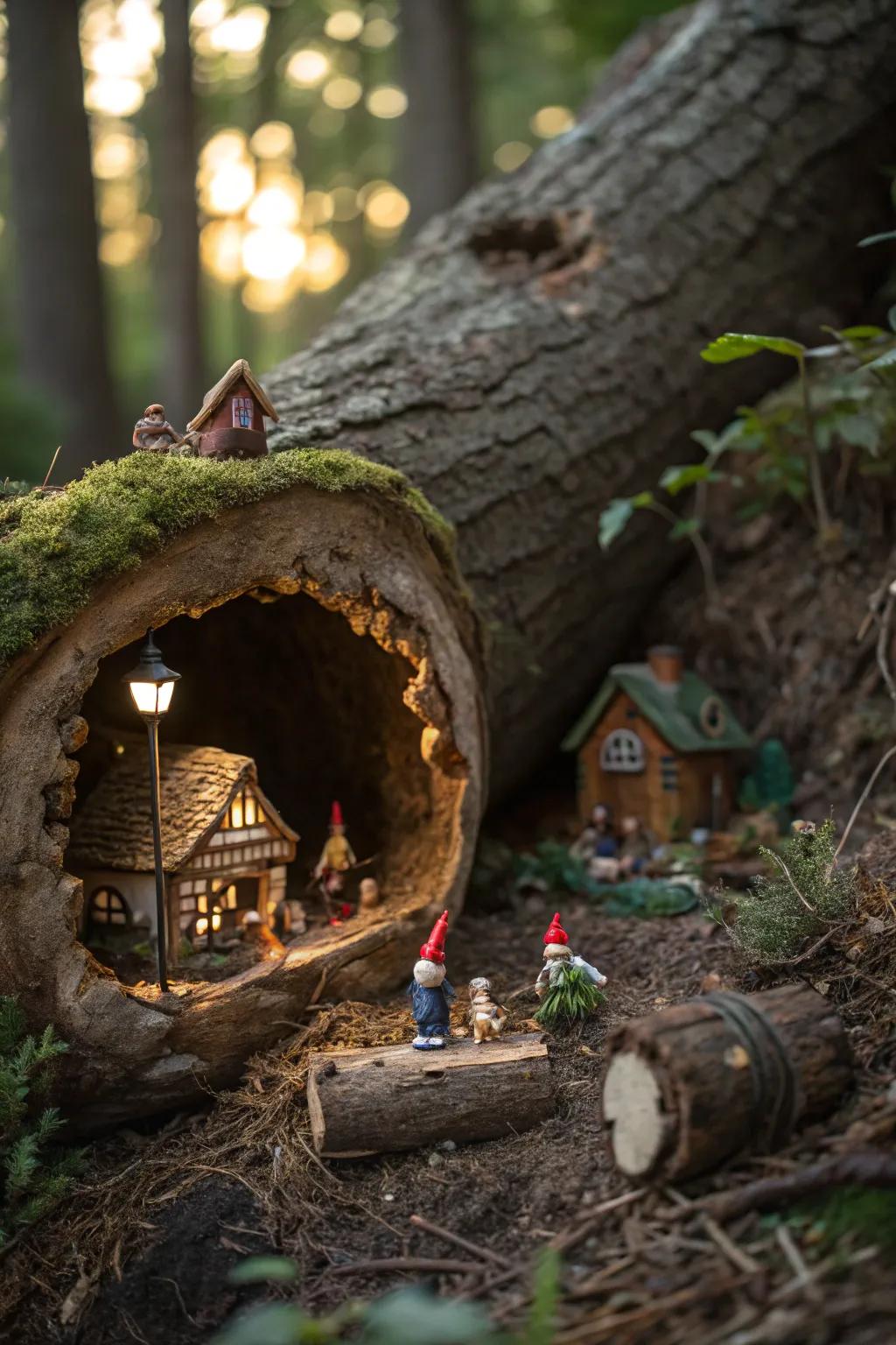 A secluded gnome village serenely harbored within a log.