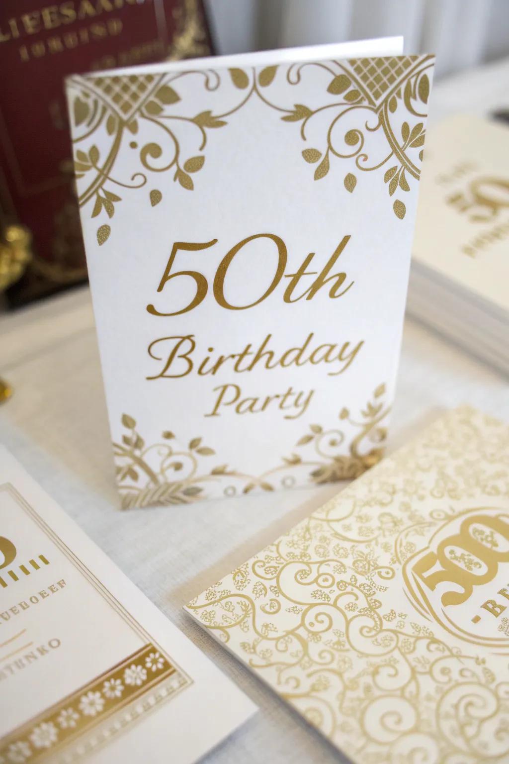 Invitations featuring gold-foil establish a sophisticated tone for the celebration.
