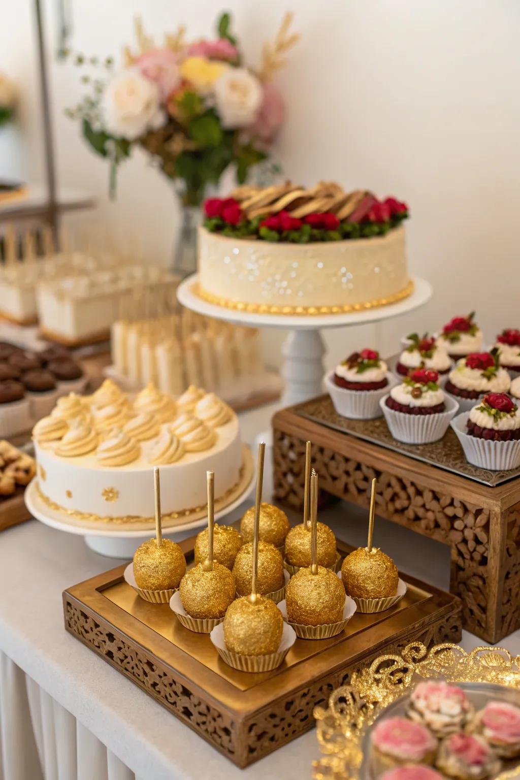 Desserts embellished with gold introduce a hint of extravagance to the dessert station.
