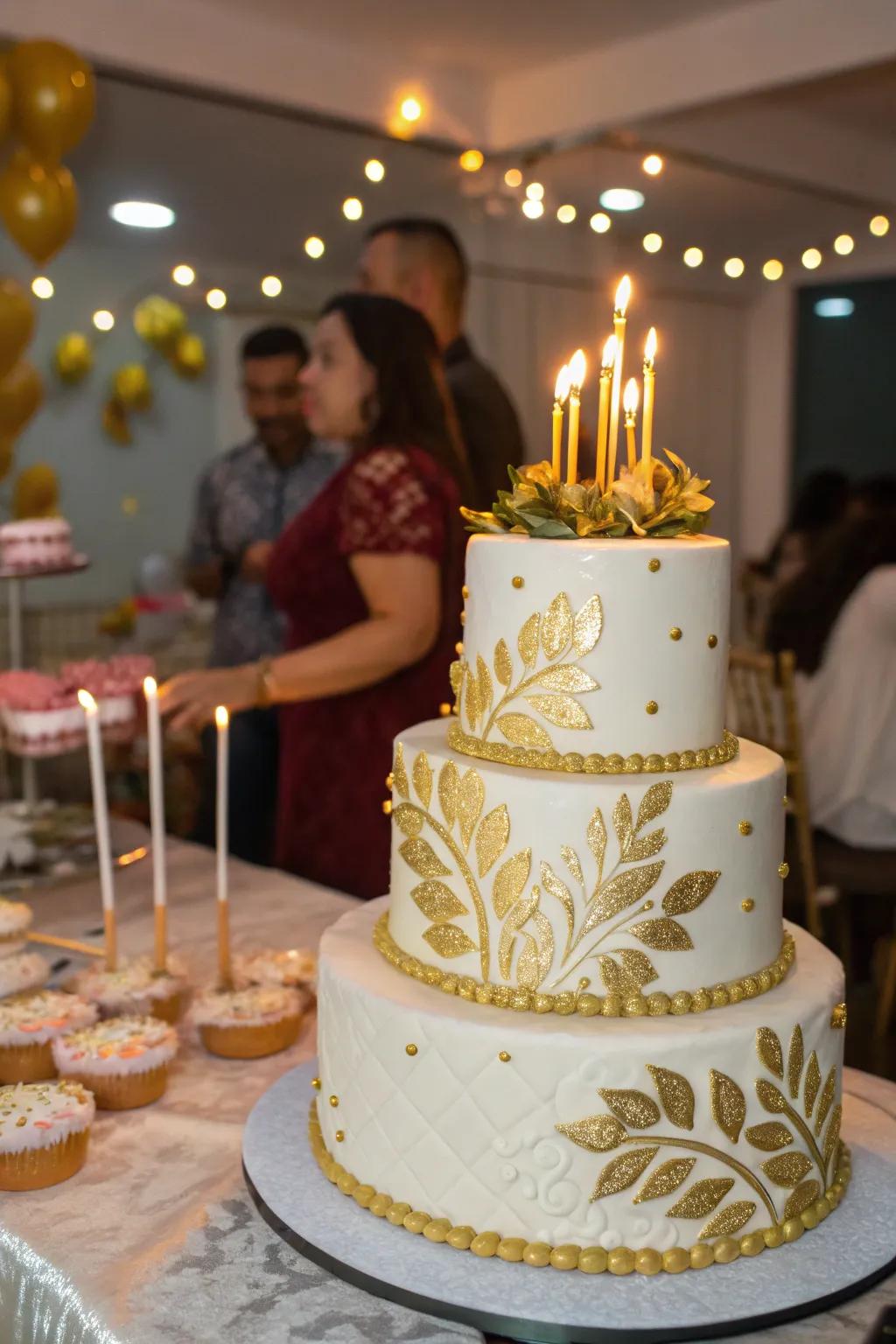A stunning multi-layered cake enhanced with gold elements.