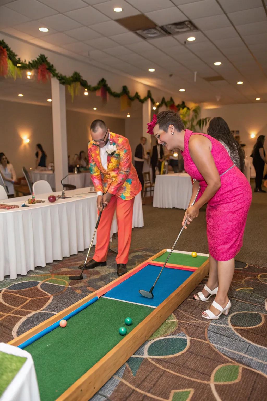 Guests enjoy a round of mini-golf at the wedding reception.