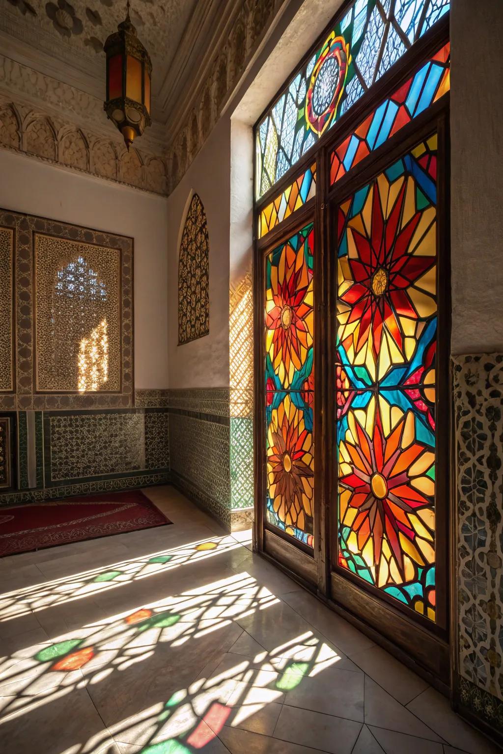 Stained glass style artwork enhances intrigue and depth.