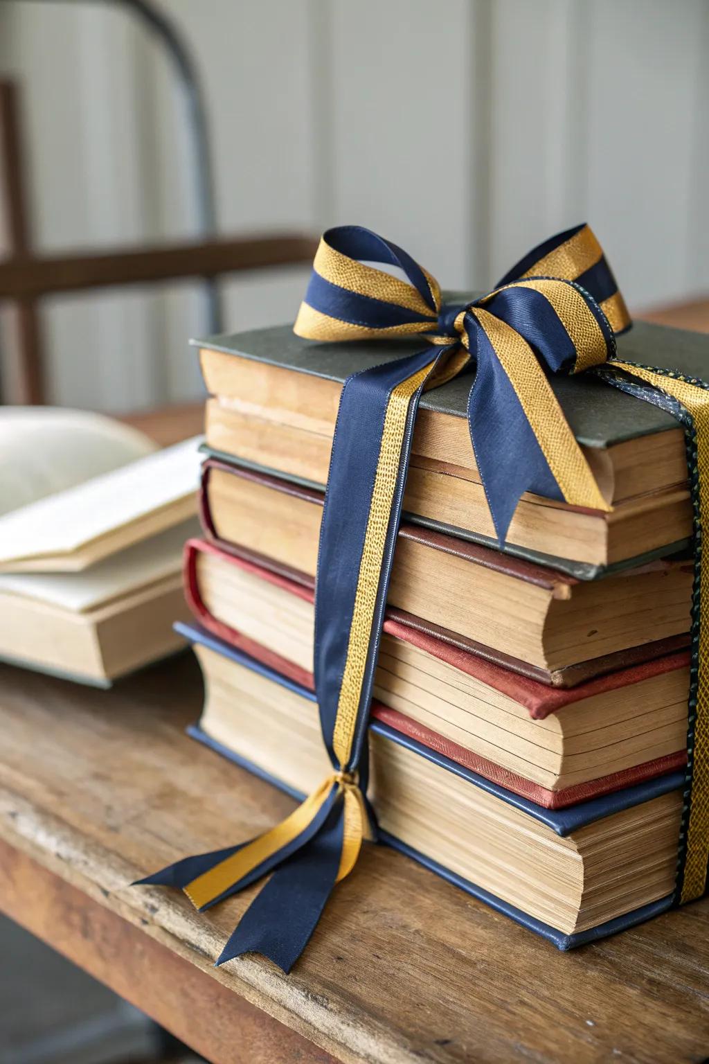 Vintage books bound with ribbons present a scholarly, elegant aesthetic.