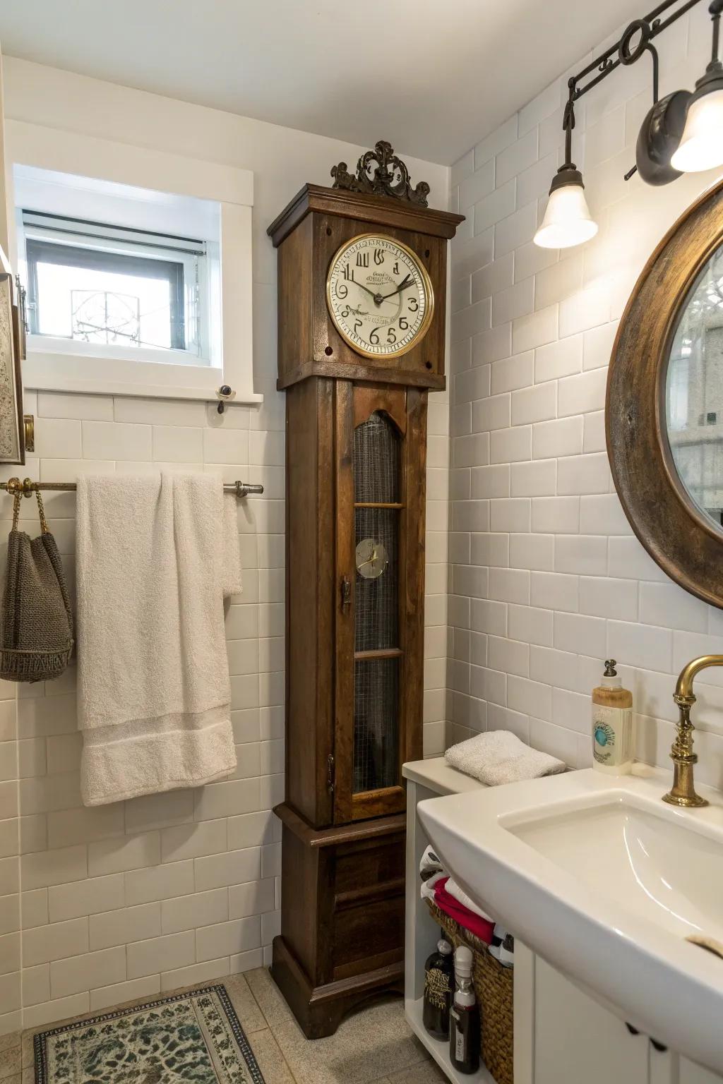 A longcase clock in the lavatory brings delight when used as a towel rack.