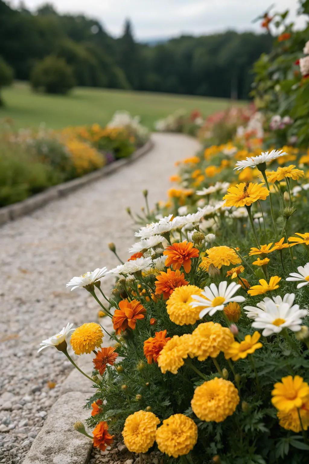 A vibrant assortment of flora within a pebble garden bed