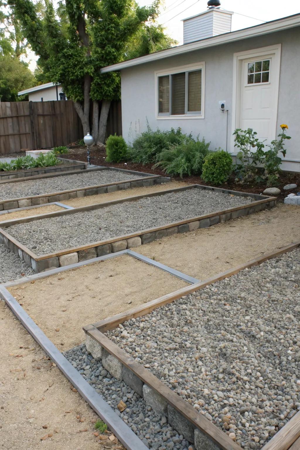 Metal and stone borders neatly define gravel areas.