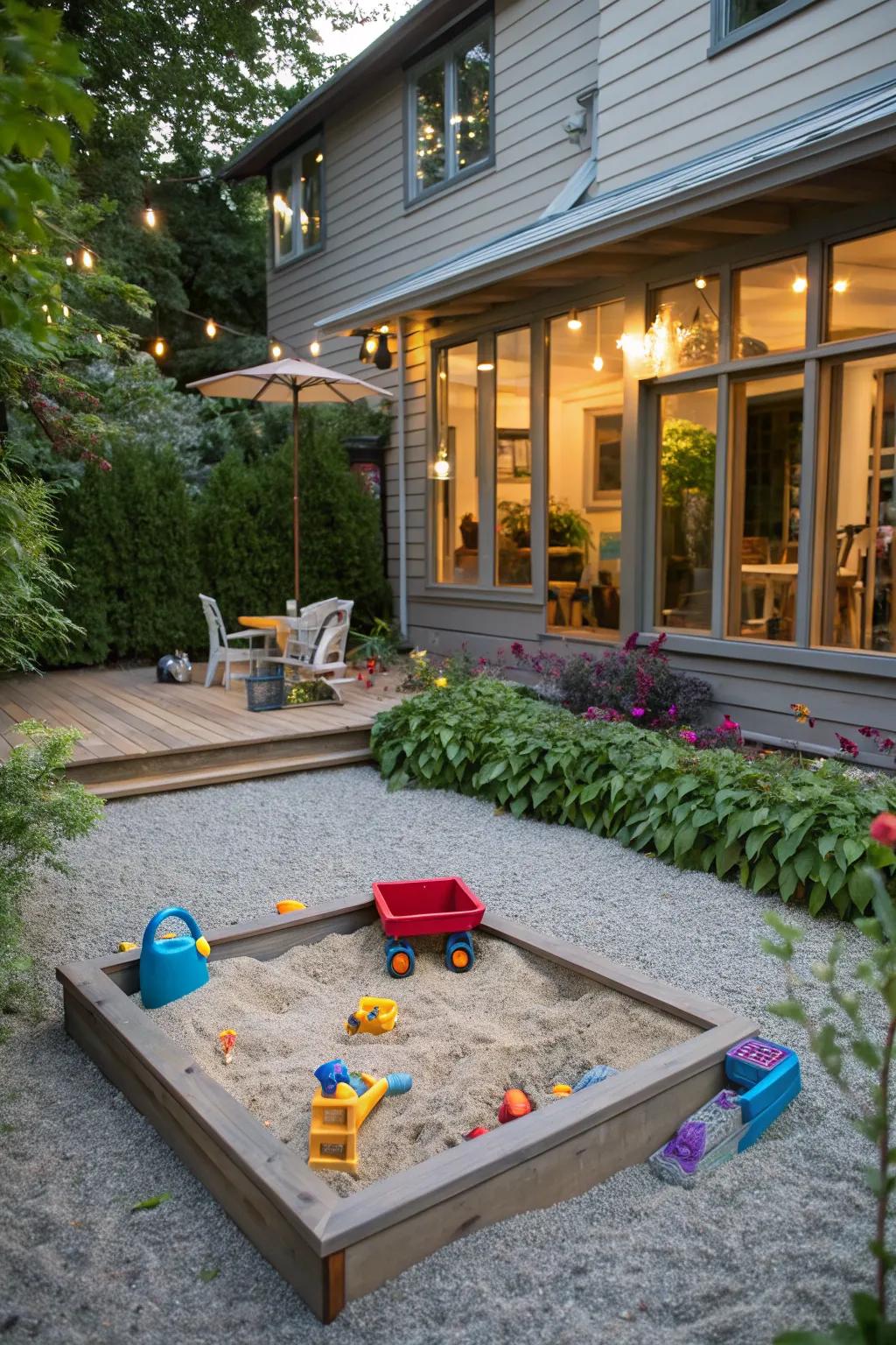 A family-friendly gravel patio using a designated children's play area.