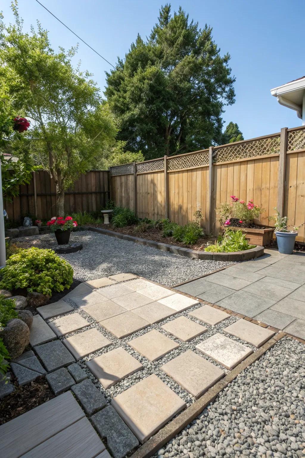 A stylish gravel patio with mixed materials for added flair.