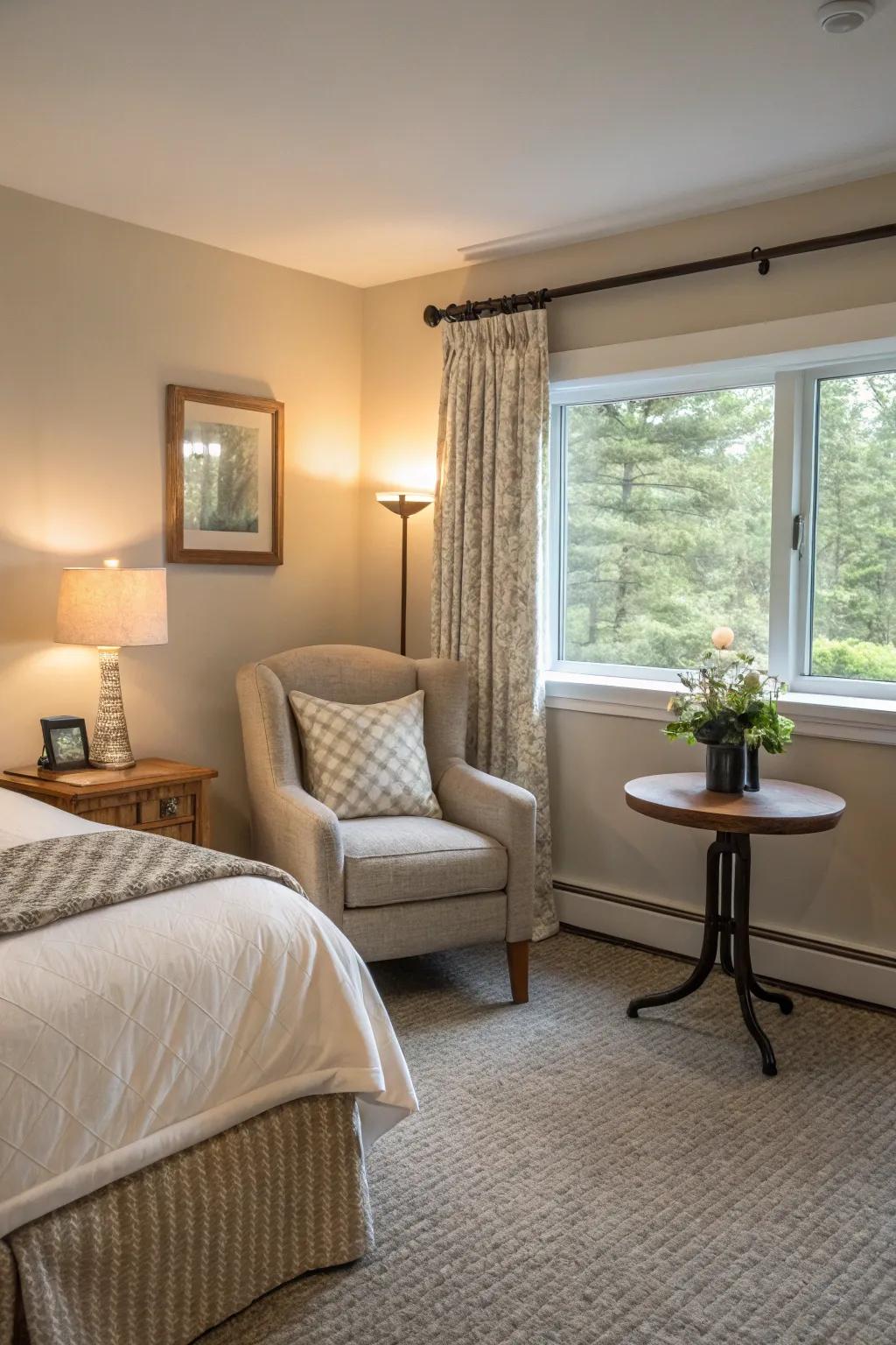 A lounging spot introduces practicality and charm to the guest space.