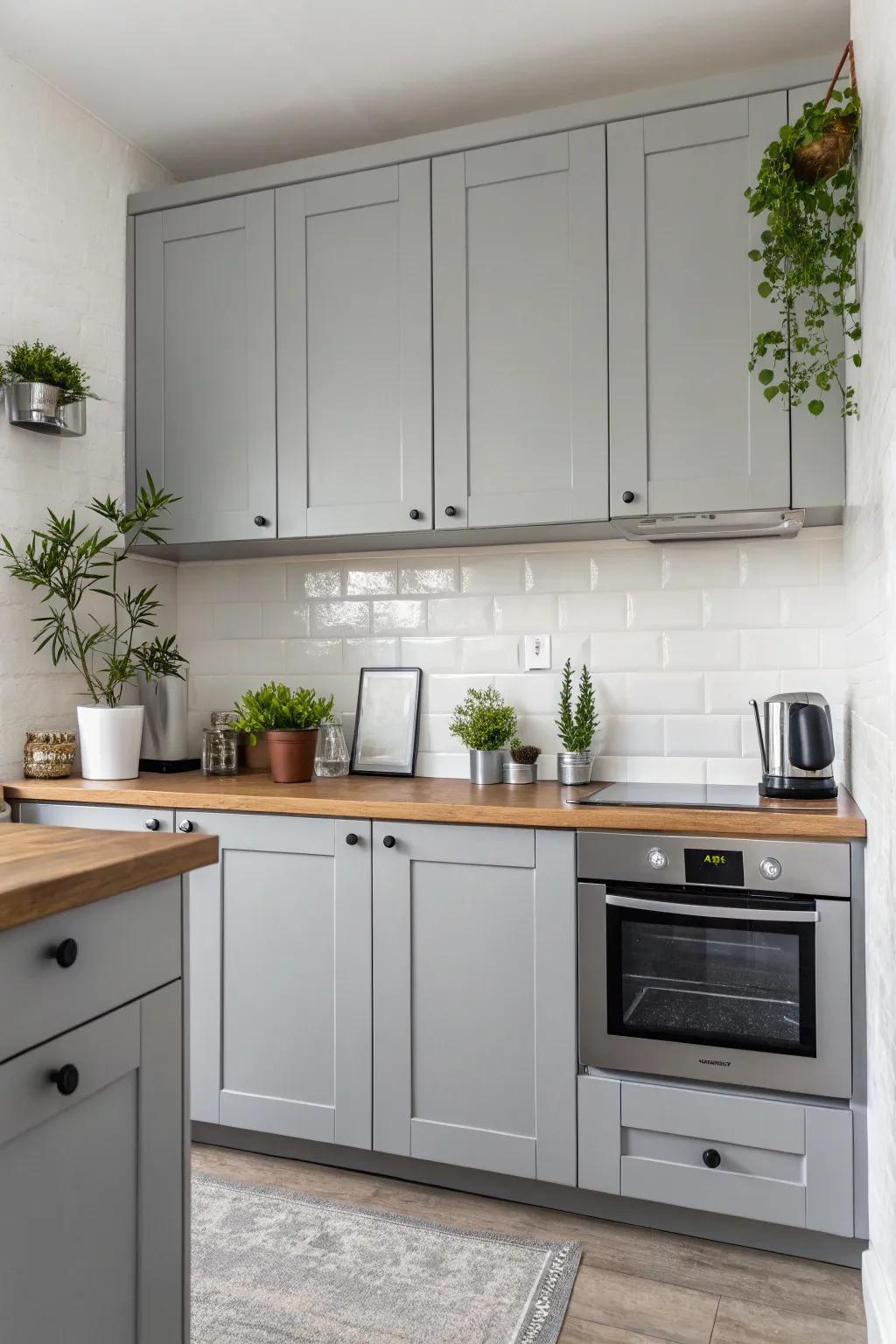 The serene atmosphere of a gray kitchen is enhanced by subtle decor.