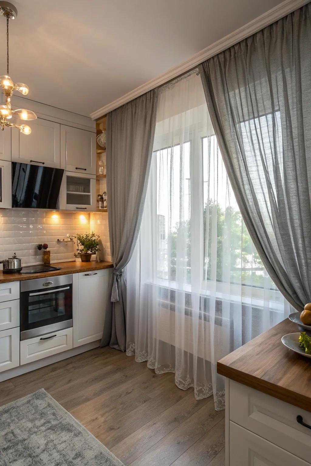 Layered gray drapes with delicate segments for added dimension and texture.