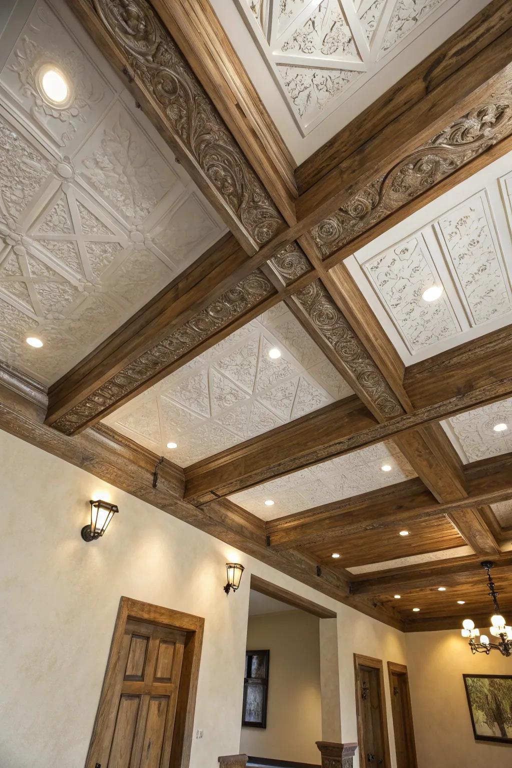 Contrasting materials introduce depth and visual interest to ceilings.