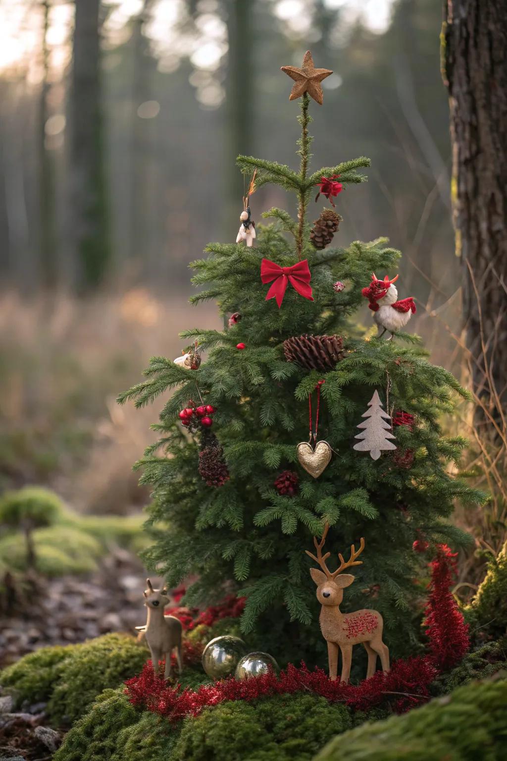 A whimsical woodland-themed Christmas tree showcasing crimson and emerald decorations.