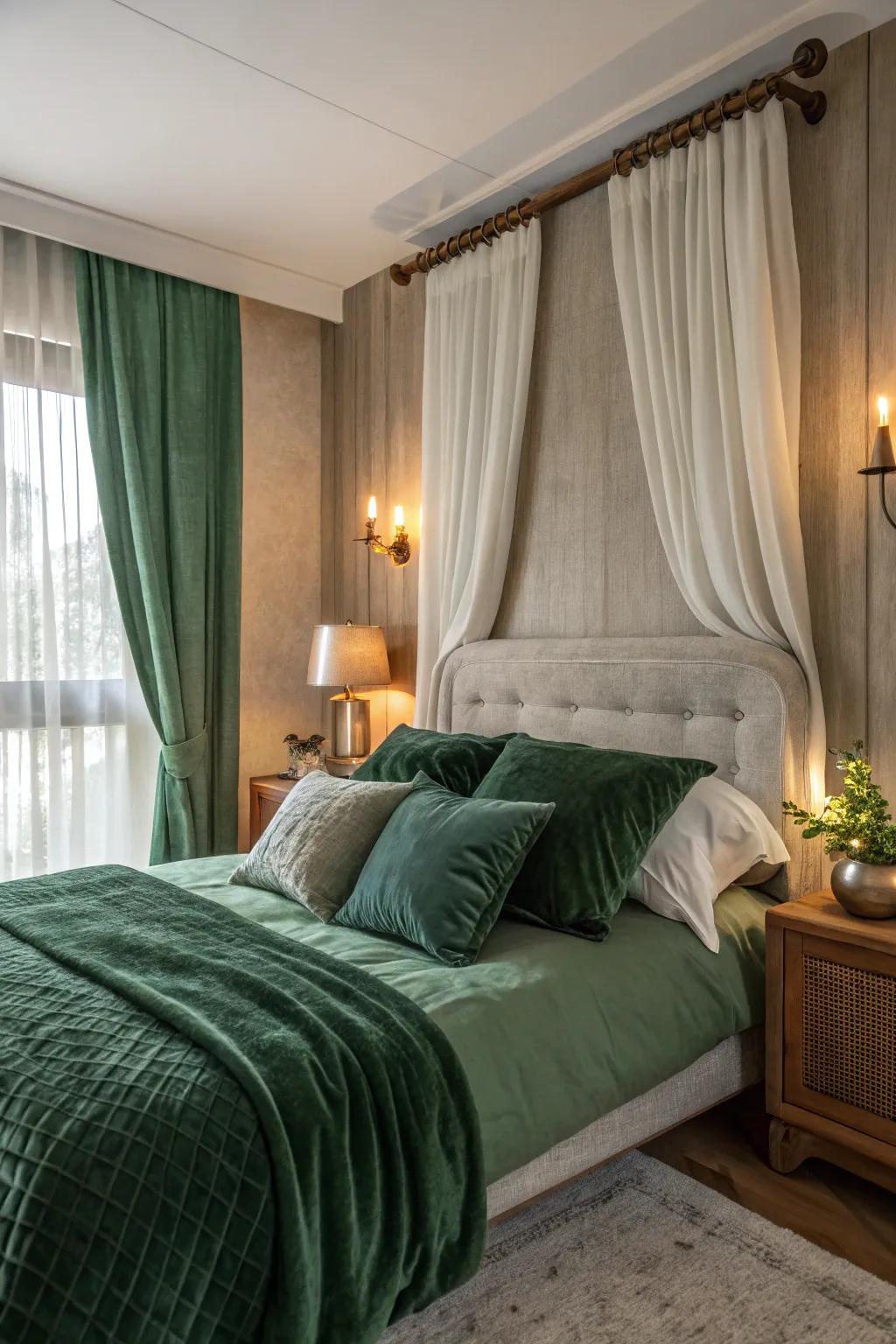 The addition of layered materials in green gives the bedroom more warmth and texture.