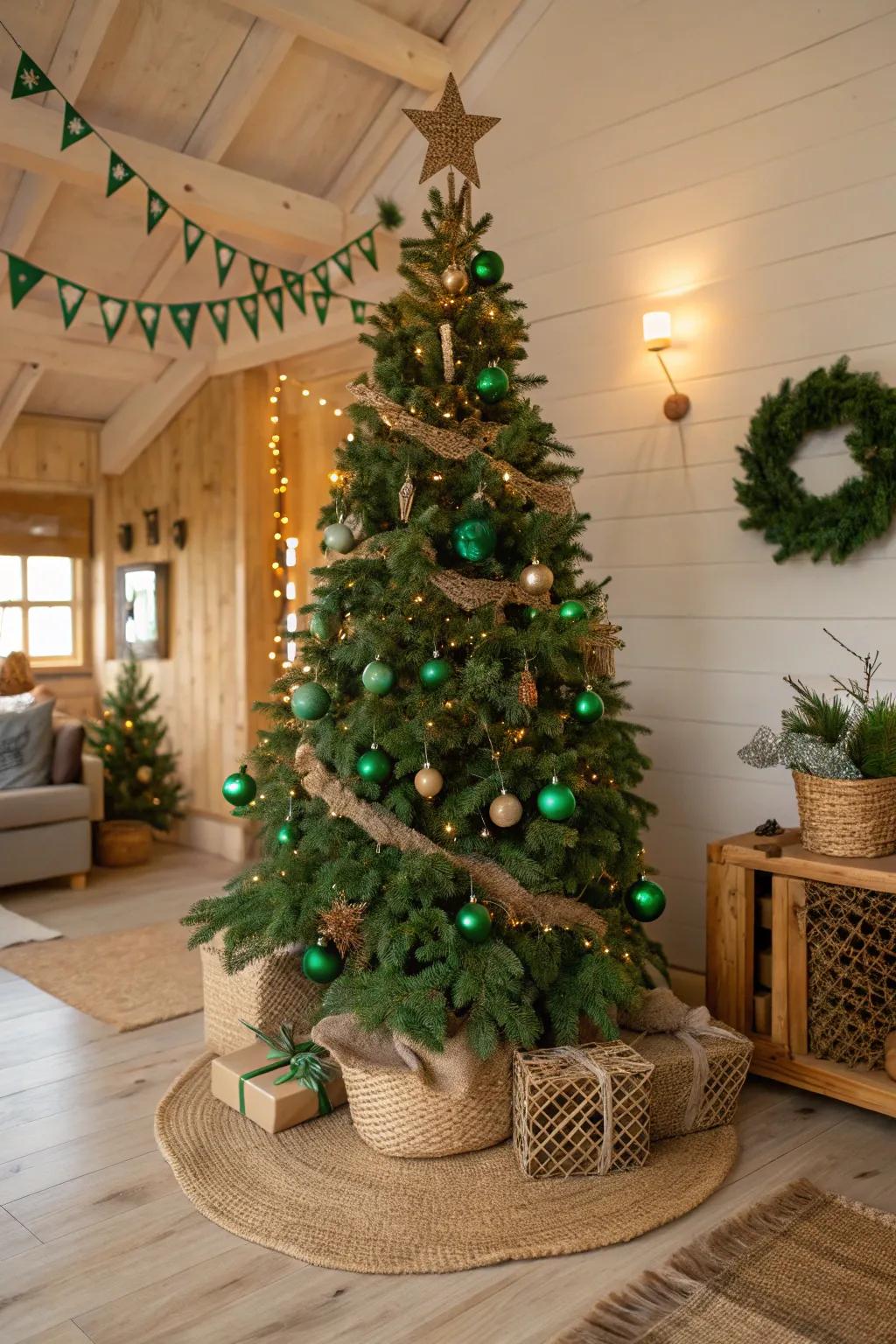 Eco-conscious emerald decorations with hessian and timber components.