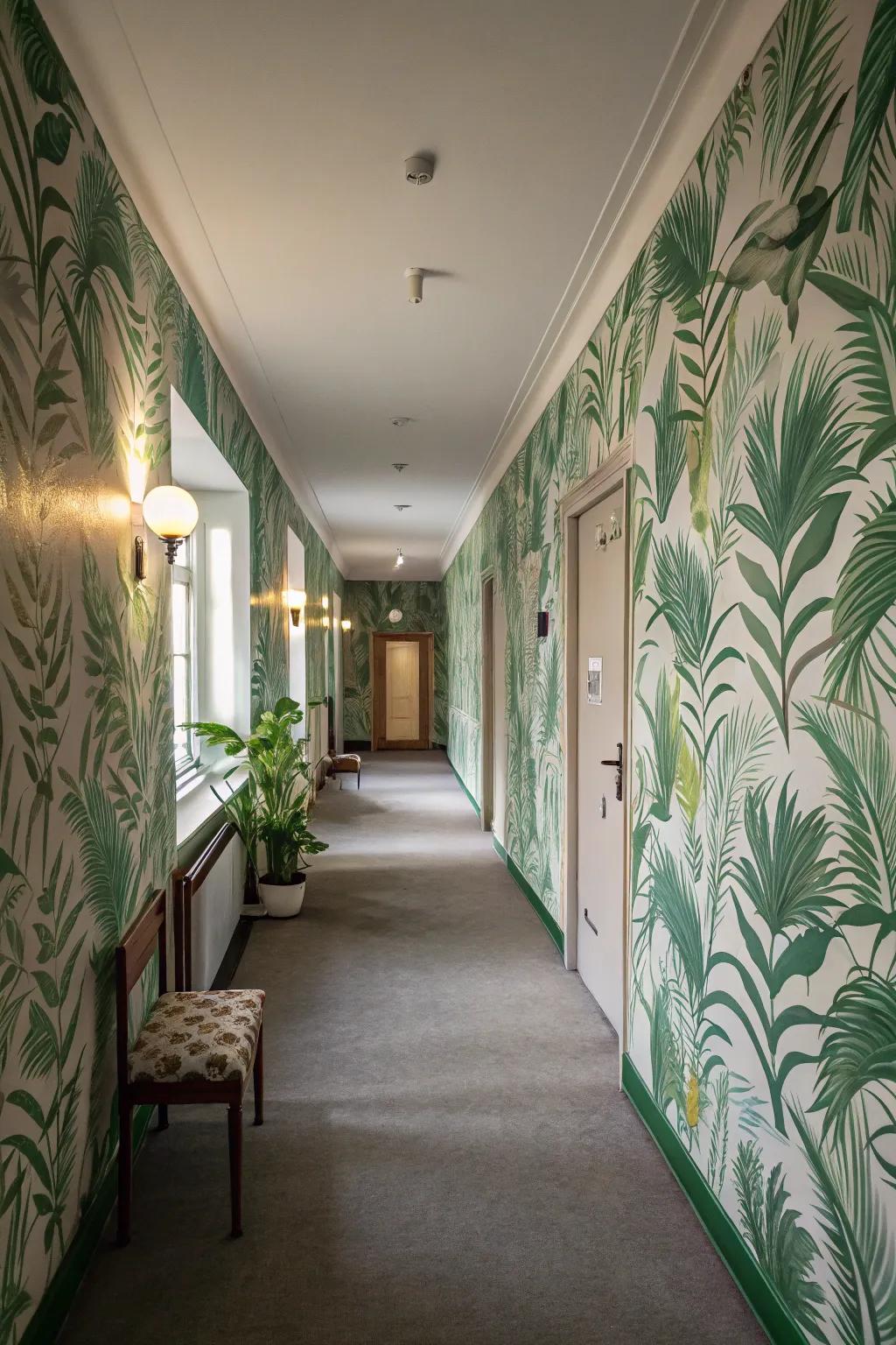 Green botanical wallpaper infuses texture and charm.