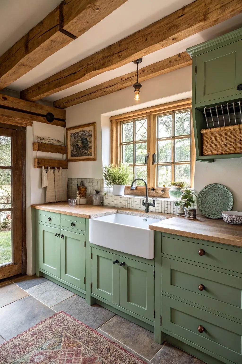 Green cabinets paired with farmhouse details fashion a cozy culinary space.