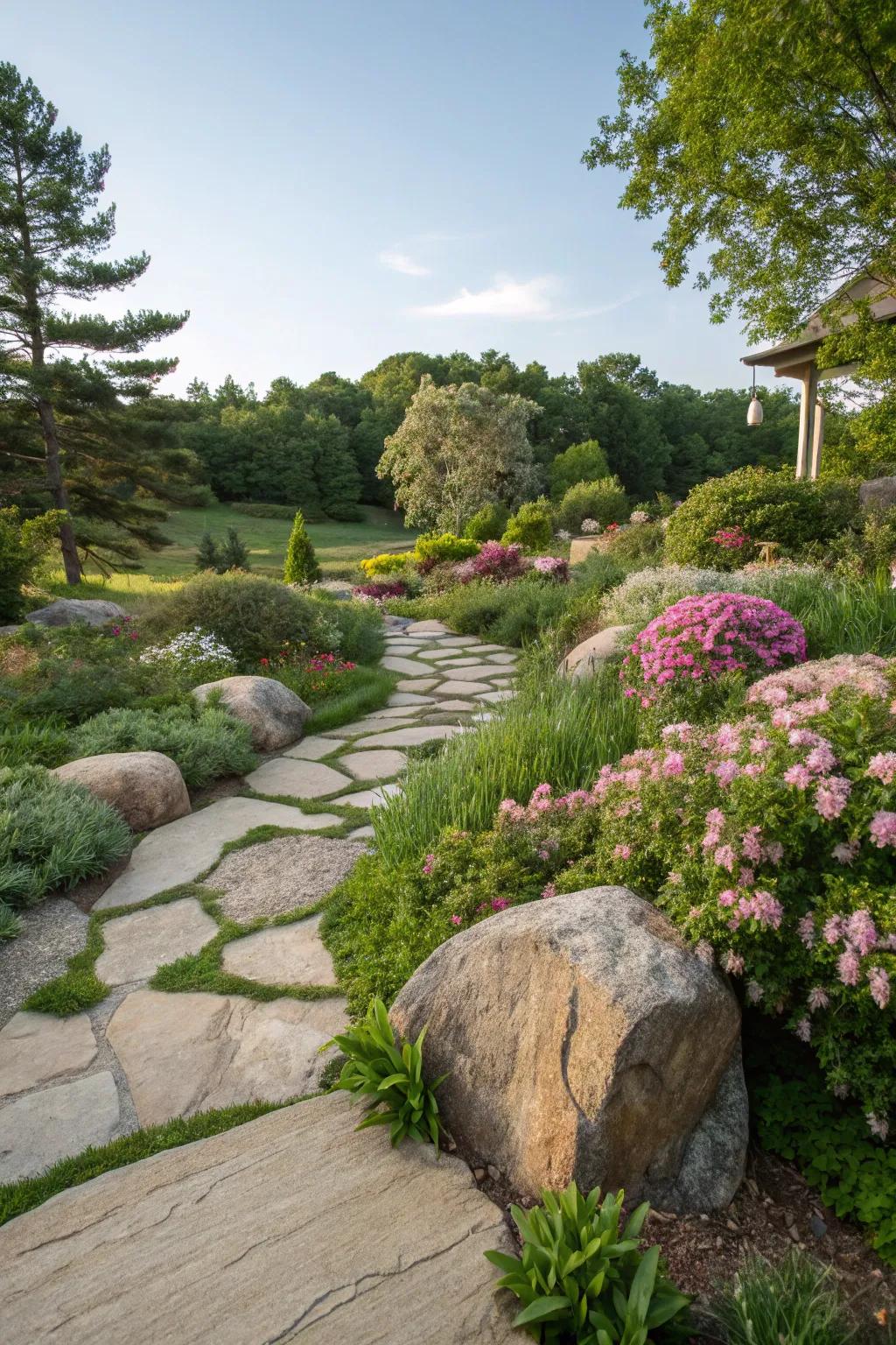 Natural stone features flawlessly integrated into a rich garden setting.
