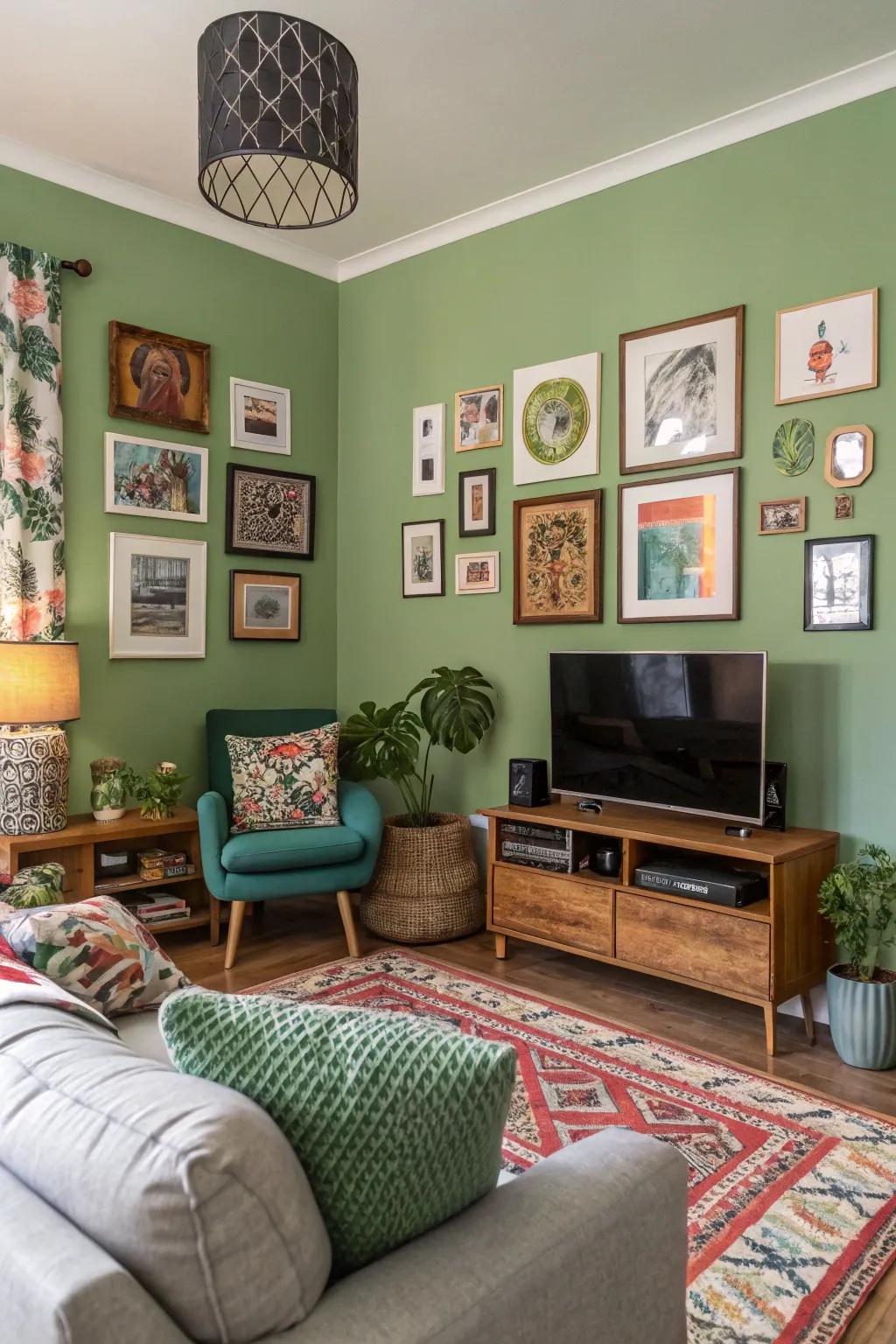 Diverse wall art infuses green walls with personality and focus.
