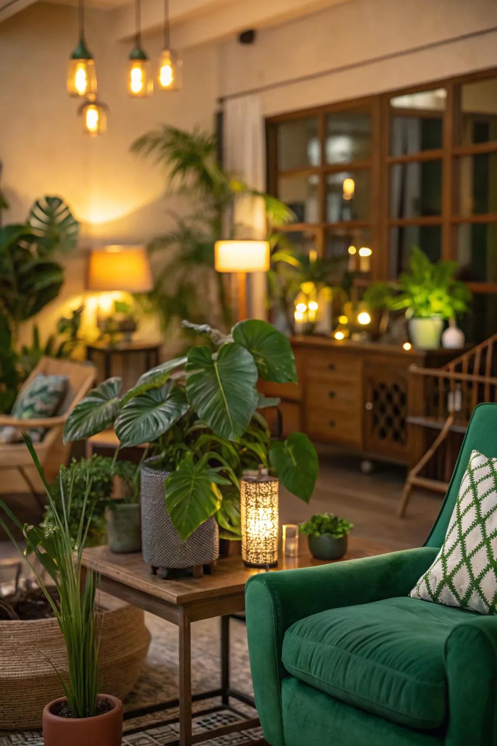Warm lighting illuminating the green decor with charm.