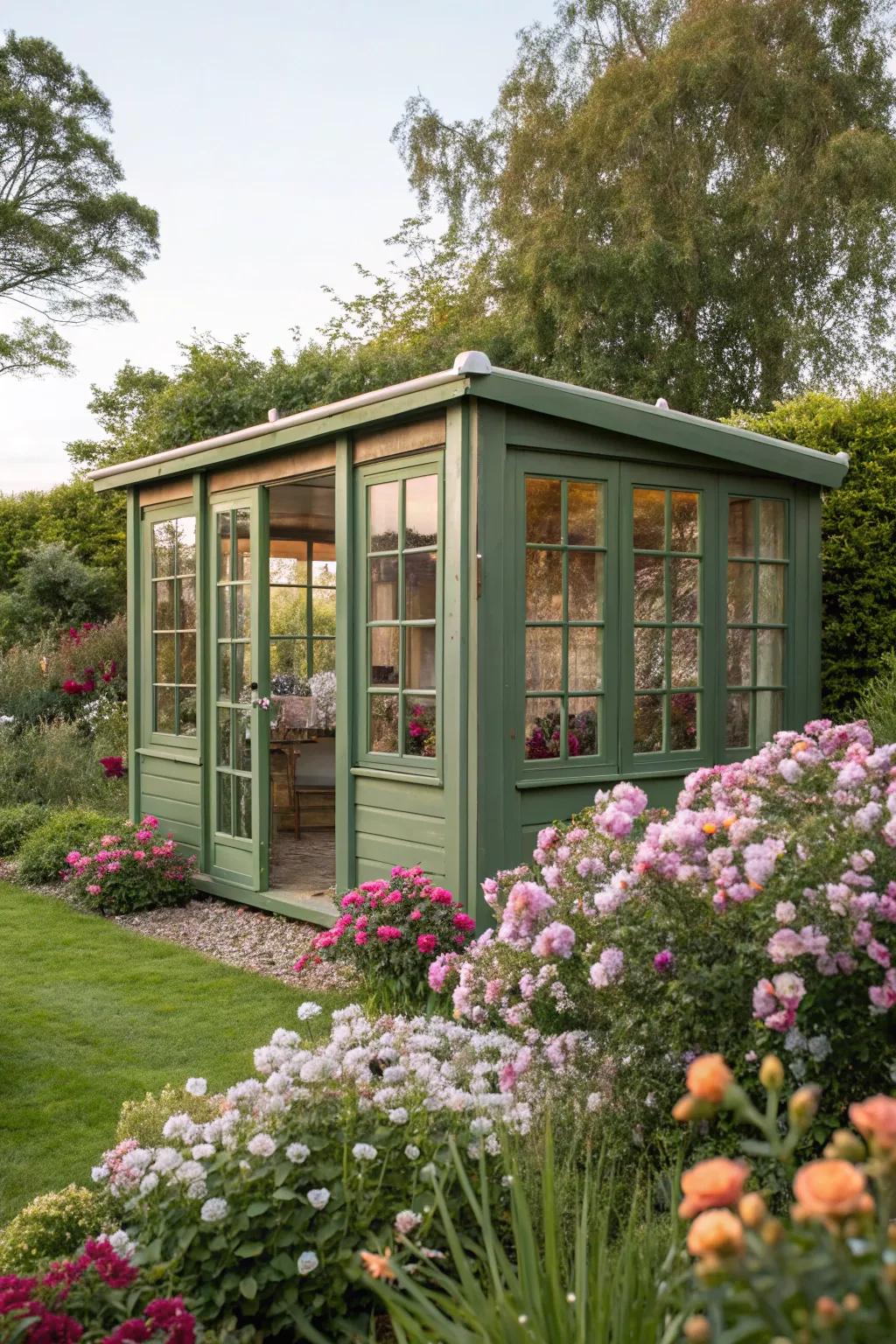 A green outside room shed offers a peaceful getaway.