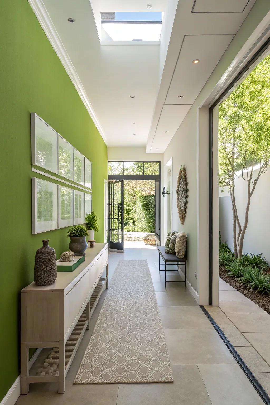 A chic and modern entranceway that has an energetic green wall.