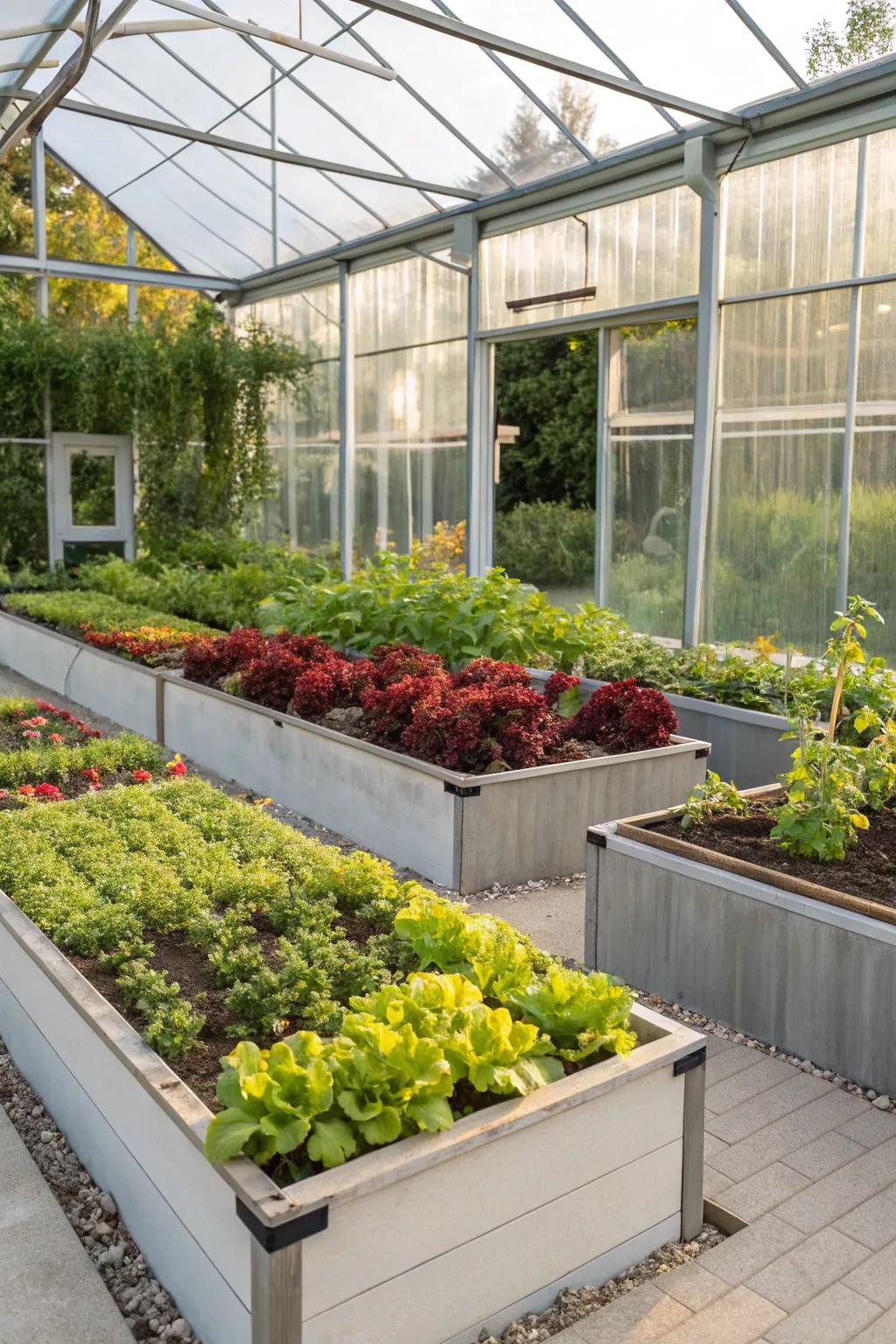 Elevated plots facilitate productive space utilization and simplicity in upkeep.