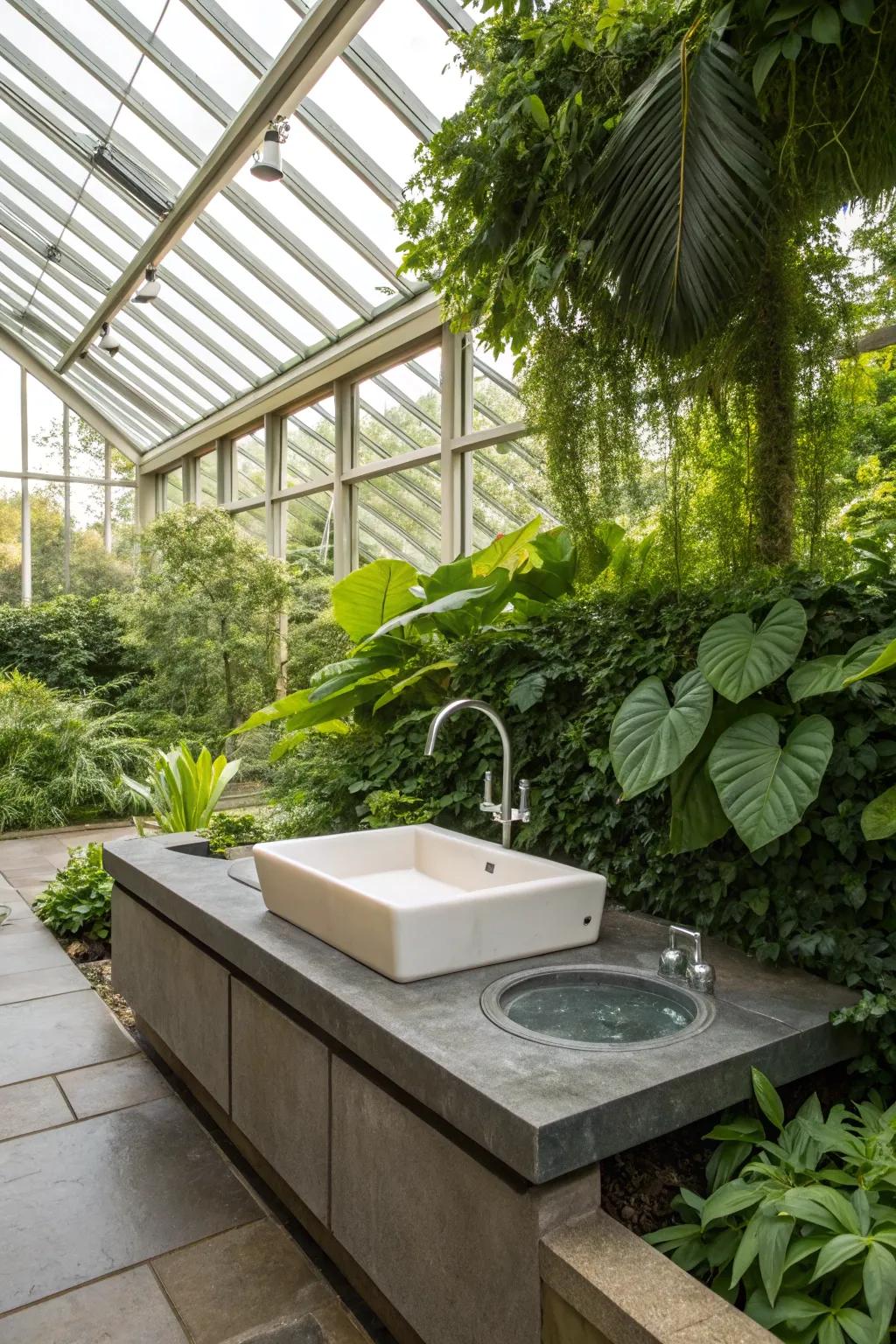 A built-in water show adds peace to a greenhouse space.